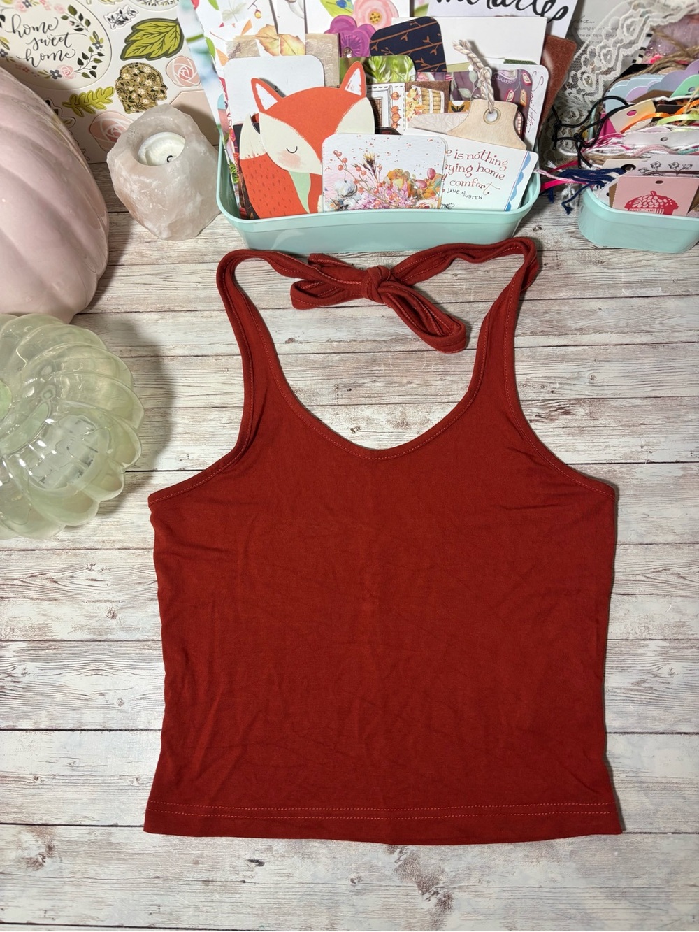 Dazy Halter Tie Neck Cropped Tank Top Burnt Orange Women’s Size XS Boho Earthy